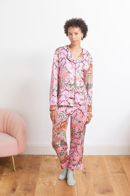 Women's Satin Pyjama Set | Tiger Blossom | Tiger Print | Pink | Karen Mabon