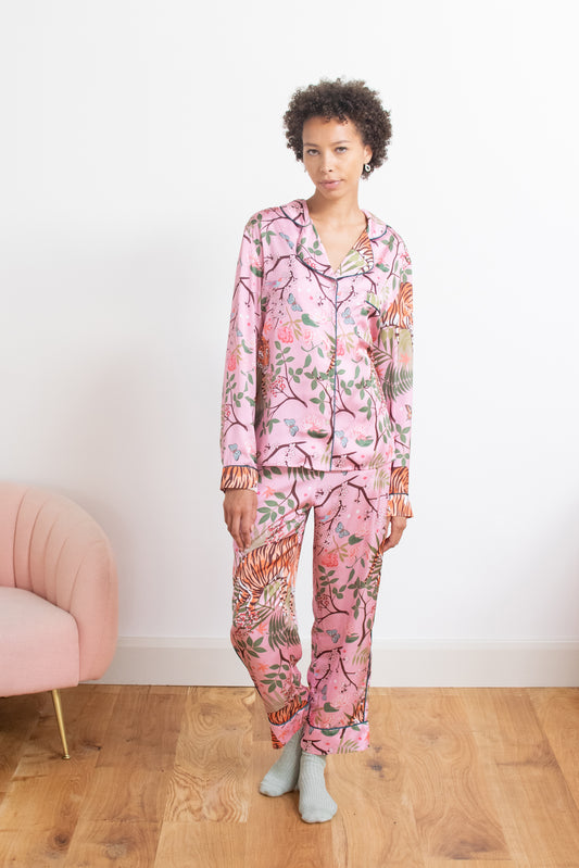 Women's Satin Pyjama Set | Tiger Blossom | Tiger Print | Pink | Karen Mabon