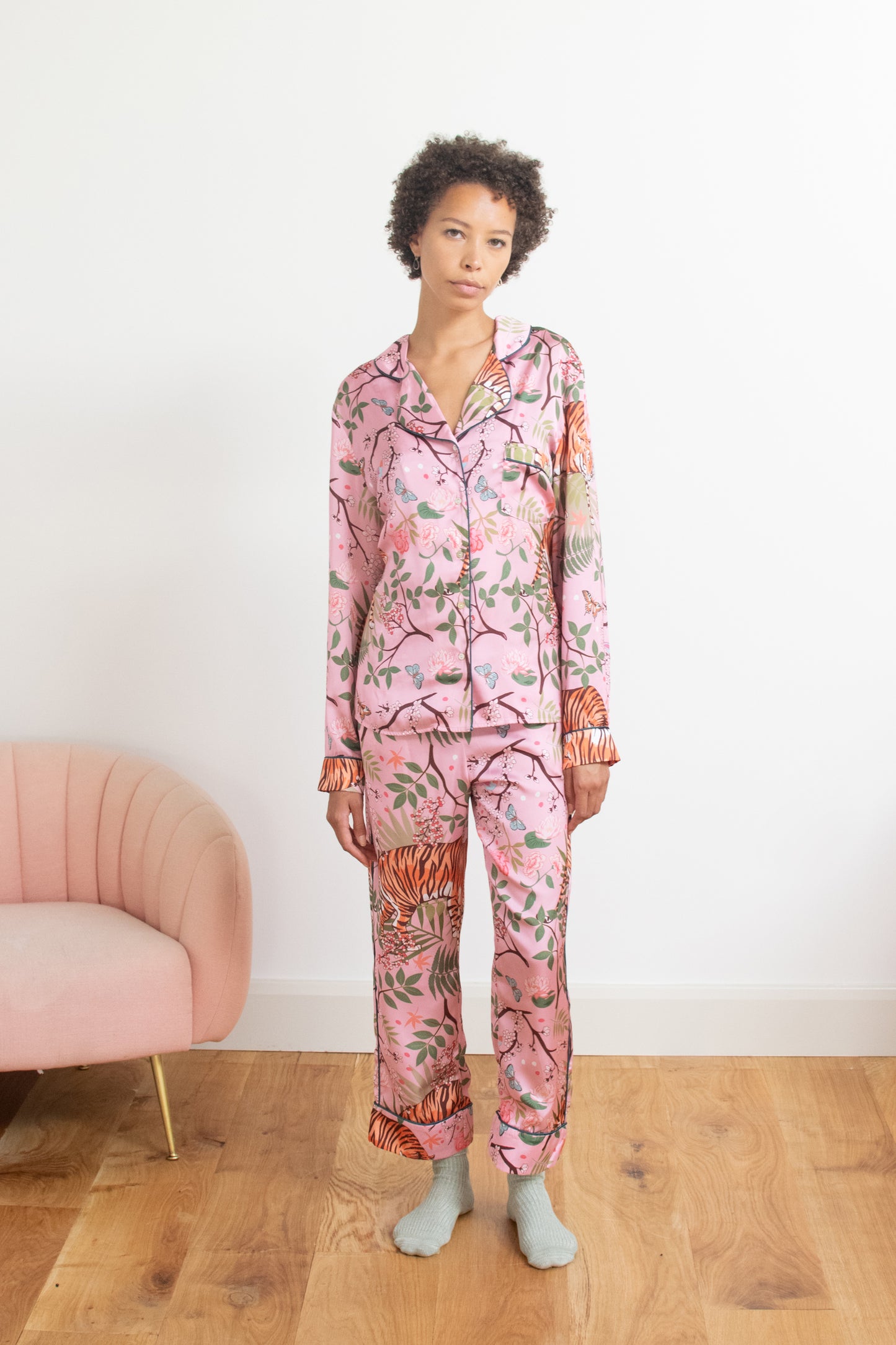Women's Satin Pyjama Set | Tiger Blossom | Tiger Print | Pink | Karen Mabon
