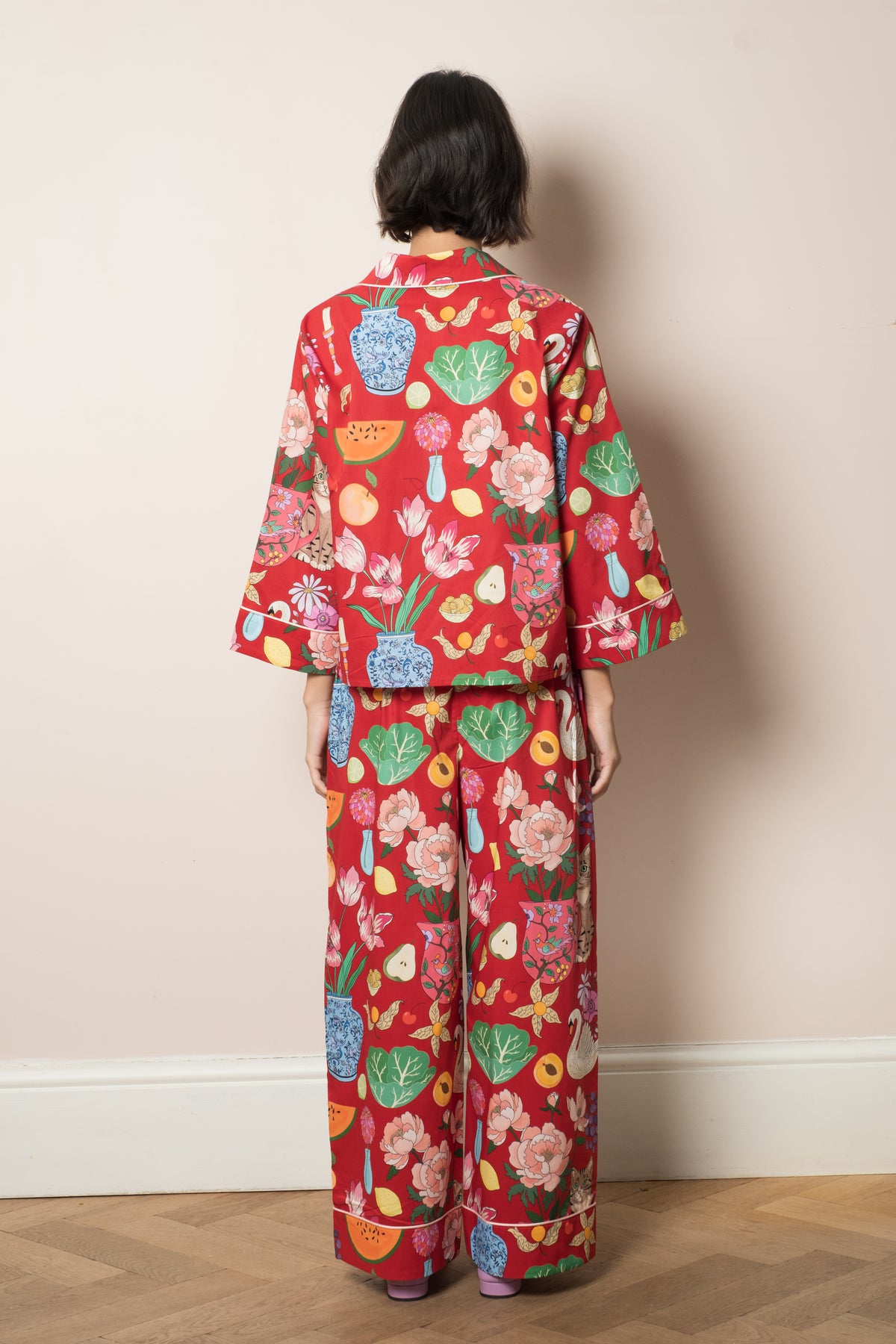 Burgundy Tabletop cotton pyjama set, full length front view with wide-leg trousers and contrast piping