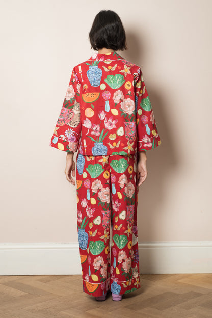 Burgundy Tabletop cotton pyjama set, full length, with wide-leg trousers and contrast piping