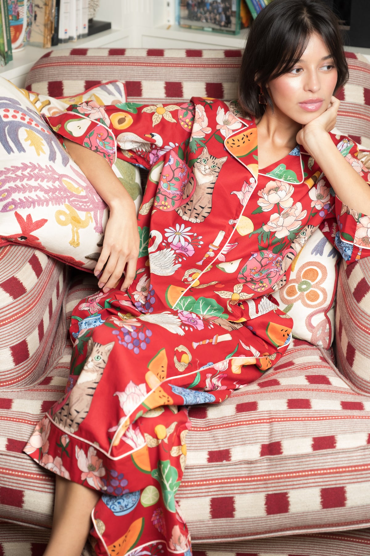 Burgundy Tabletop organic cotton pyjama set worn at home, relaxed lifestyle shot