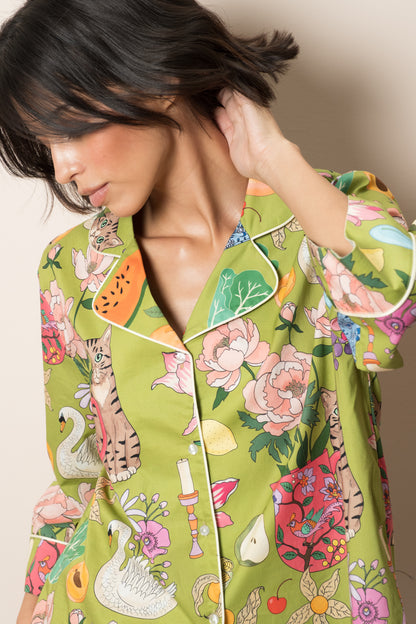 Side view of the chartreuse Tabletop organic cotton pyjama trousers and shirt