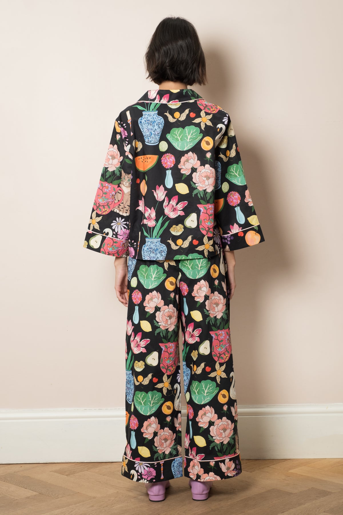 Midnight Tabletop cotton pyjama set, full length, with wide-leg trousers and contrast piping