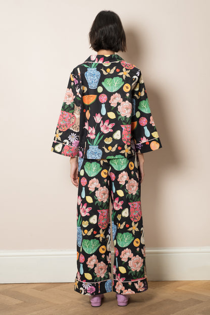 Midnight Tabletop cotton pyjama set, full length, with wide-leg trousers and contrast piping