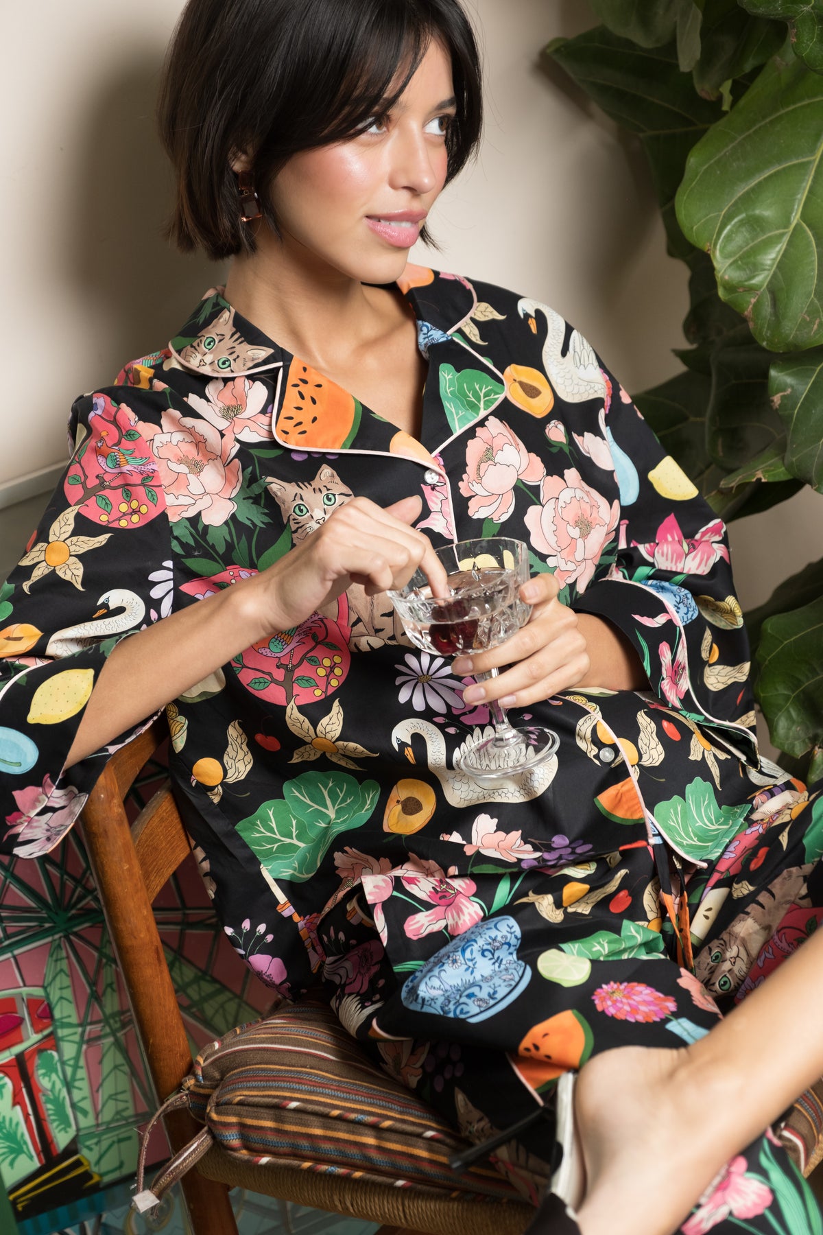 Midnight Tabletop organic cotton pyjama set worn at home, relaxed lifestyle shot