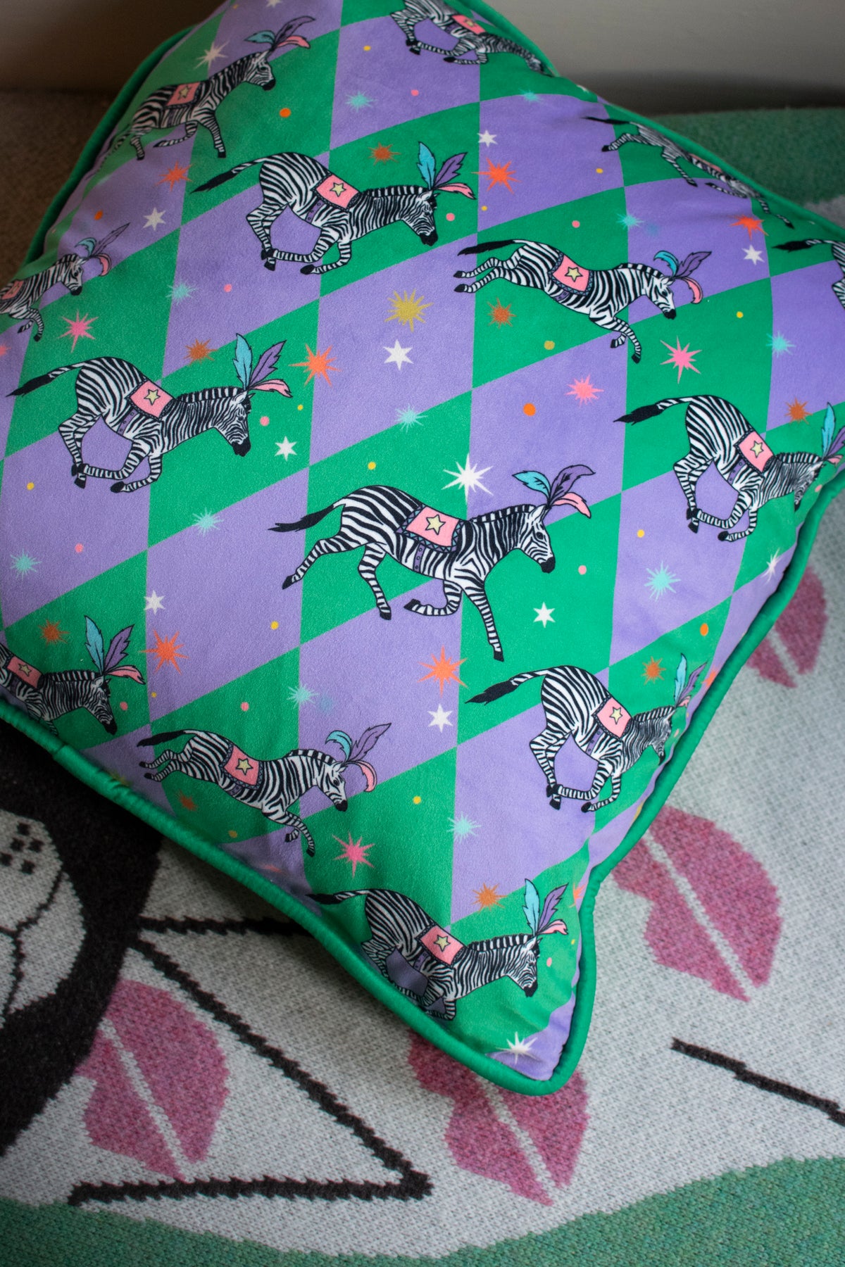 Zebra Harlequin Velvet Cushion Cover - Lilac & Green