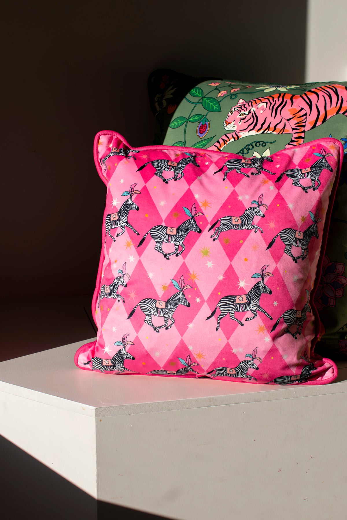 Zebra Harlequin Velvet Cushion Cover - Pink