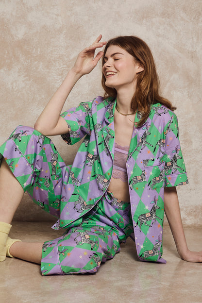 Women's Cotton Pyjama Set | A Dazzle of Zebra | Zebra Print | Green | Karen Mabon