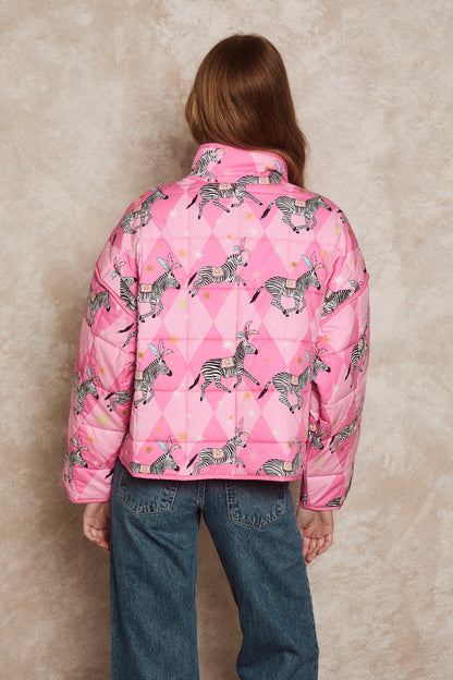 Women's Quilted Jacket | A Dazzle of Zebra | Cotton | Pink Harlequin | Karen Mabon