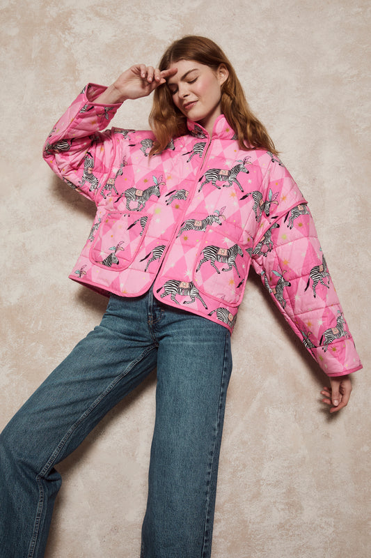 Women's Quilted Jacket | A Dazzle of Zebra | Cotton | Pink Harlequin | Karen Mabon