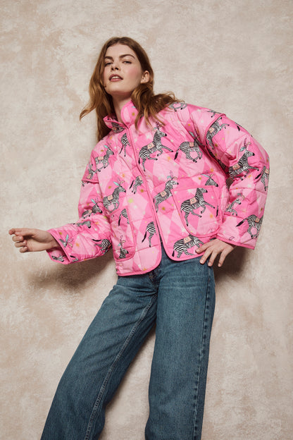 Women's Quilted Jacket | A Dazzle of Zebra | Cotton | Pink Harlequin | Karen Mabon