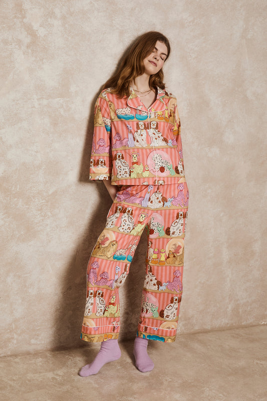 Women's Cotton Pyjama Set | Dog Collector | Dog Pyjamas | Coral Stripe | Karen Mabon