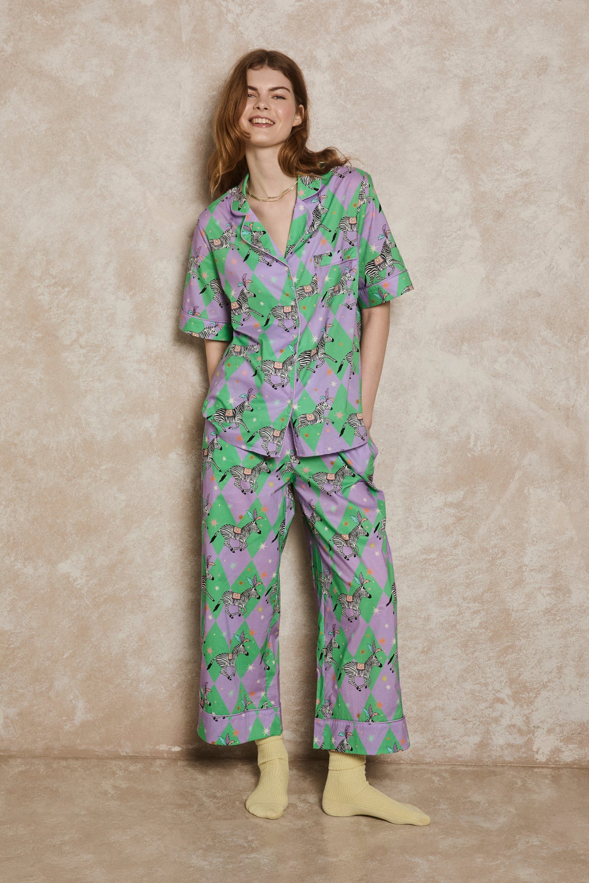 Women's Cotton Pyjama Set | A Dazzle of Zebra | Zebra Print | Green | Karen Mabon