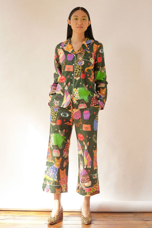 Model wearing Karen Mabon Fashion Cats green organic cotton pyjama set,KM-PJSET-P-TBP-XS,KM-PJSET-P-TBP-S,KM-PJSET-P-TBP-M,KM-PJSET-P-TBP-L,KM-PJSET-P-TBP-XL,KM-PJSET-P-TBP-2XL