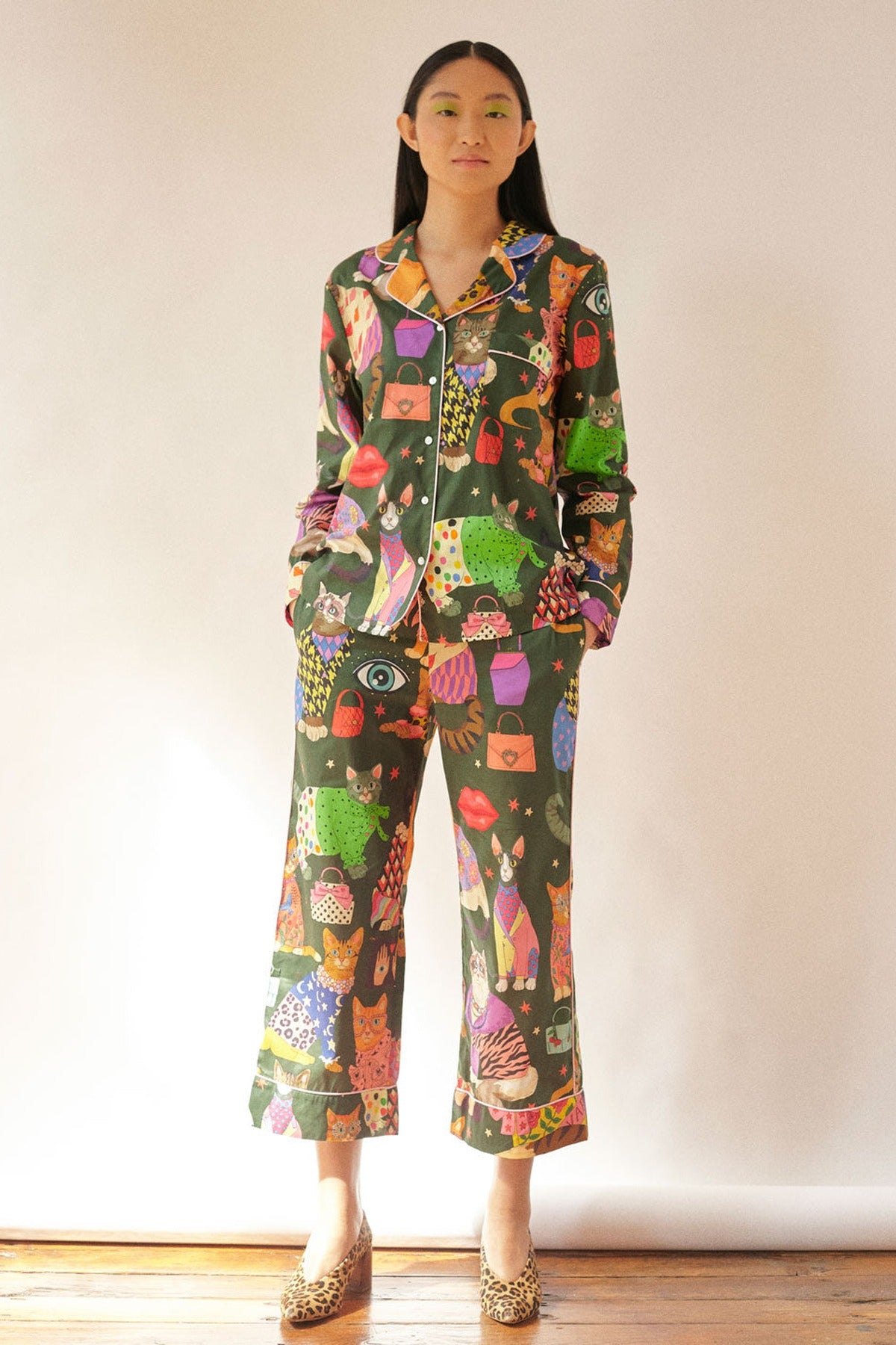 Model wearing Karen Mabon Fashion Cats green organic cotton pyjama set,KM-PJSET-P-TBP-XS,KM-PJSET-P-TBP-S,KM-PJSET-P-TBP-M,KM-PJSET-P-TBP-L,KM-PJSET-P-TBP-XL,KM-PJSET-P-TBP-2XL