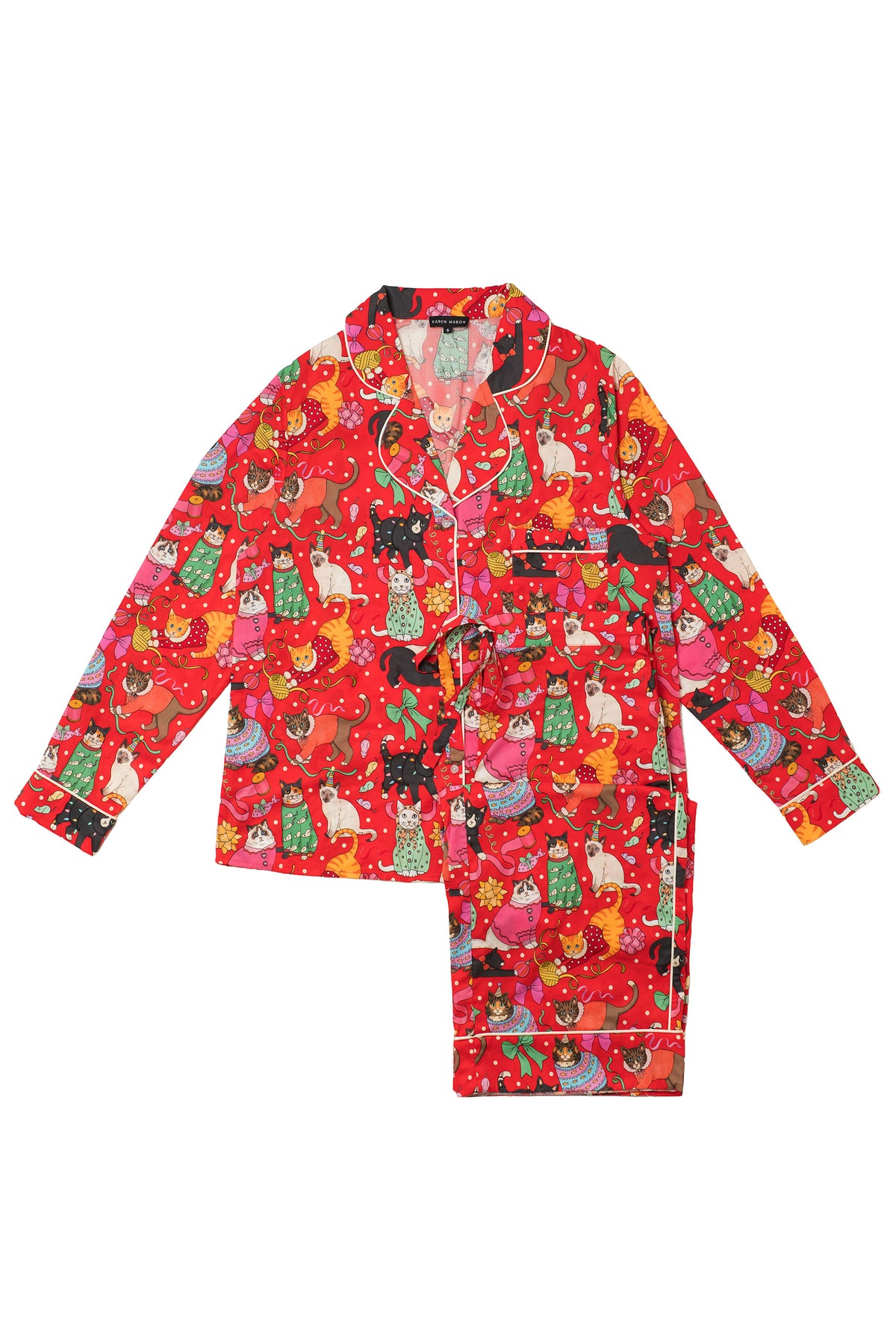 Women's Organic Cotton Pyjama Set | Cats' Christmas Morning | Crimson