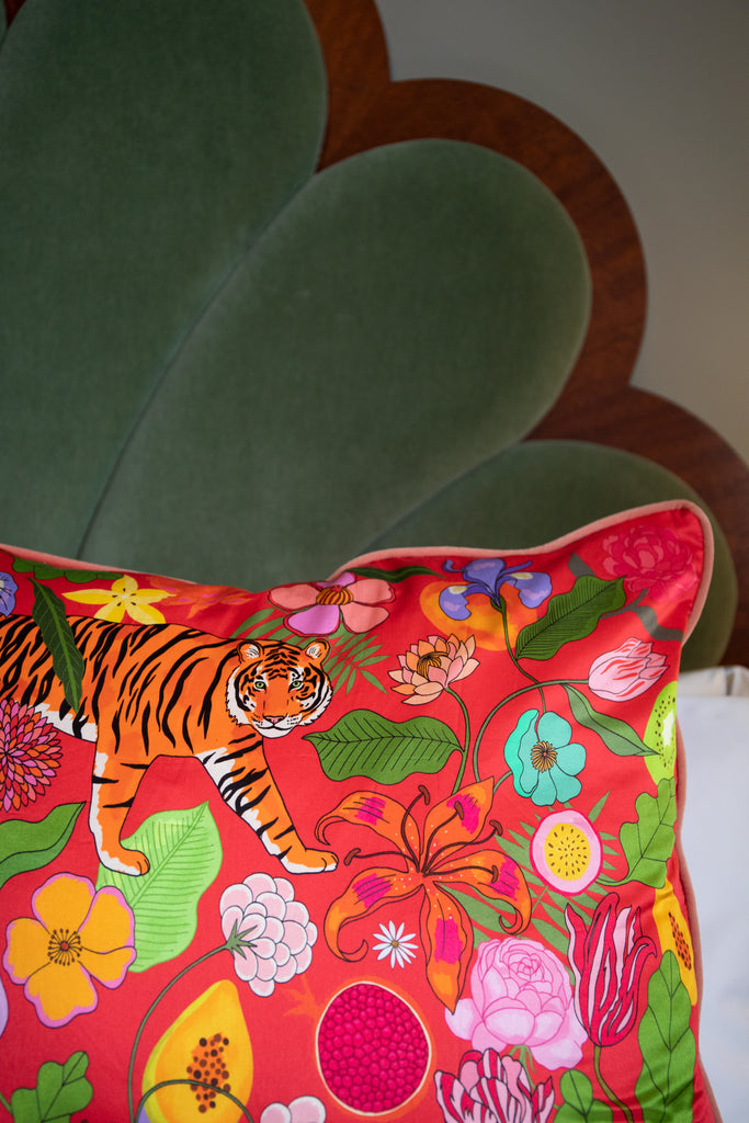 Large Tiger Bouquet Cushion Cover | Crimson