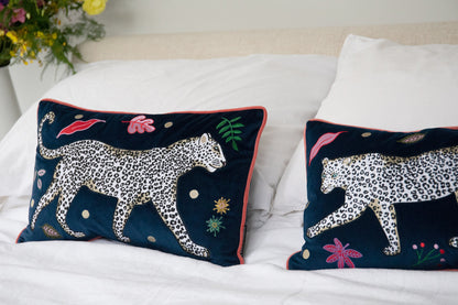 Velvet Bolster Cushion Cover | Snow Leopard | Embroidered | Left Facing | Karen Mabon