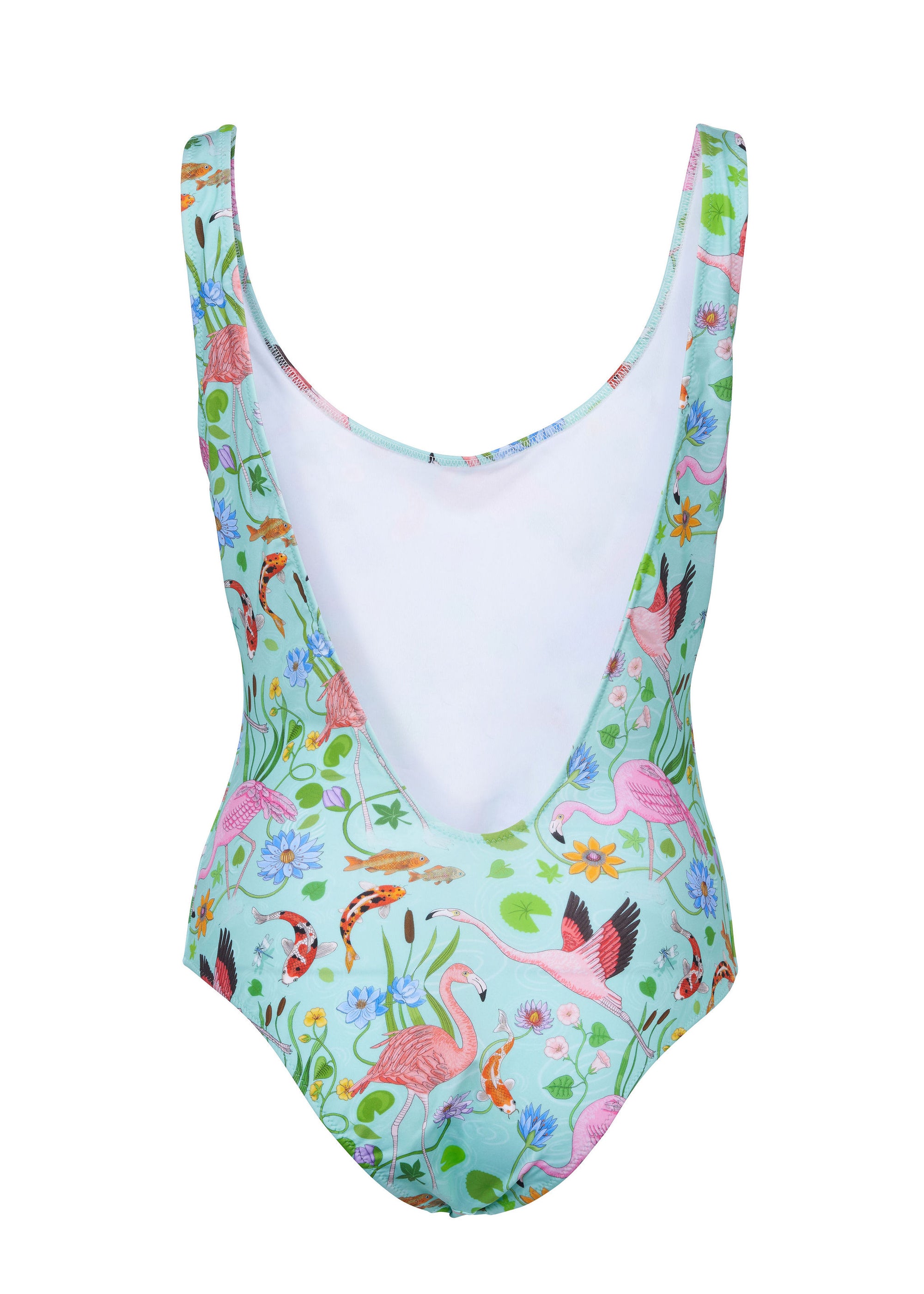 Karen Mabon SS22 Turquoise Flamingo Pond Swim Suit. The print features flamingos, pond plants and Koi fish.