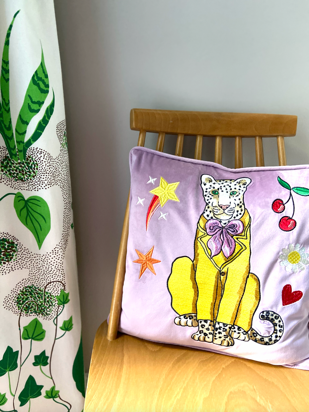 Leopards Can't Change Their Spots Embroidered Velvet Cushion Cover  |  Yellow Suit & Cherries