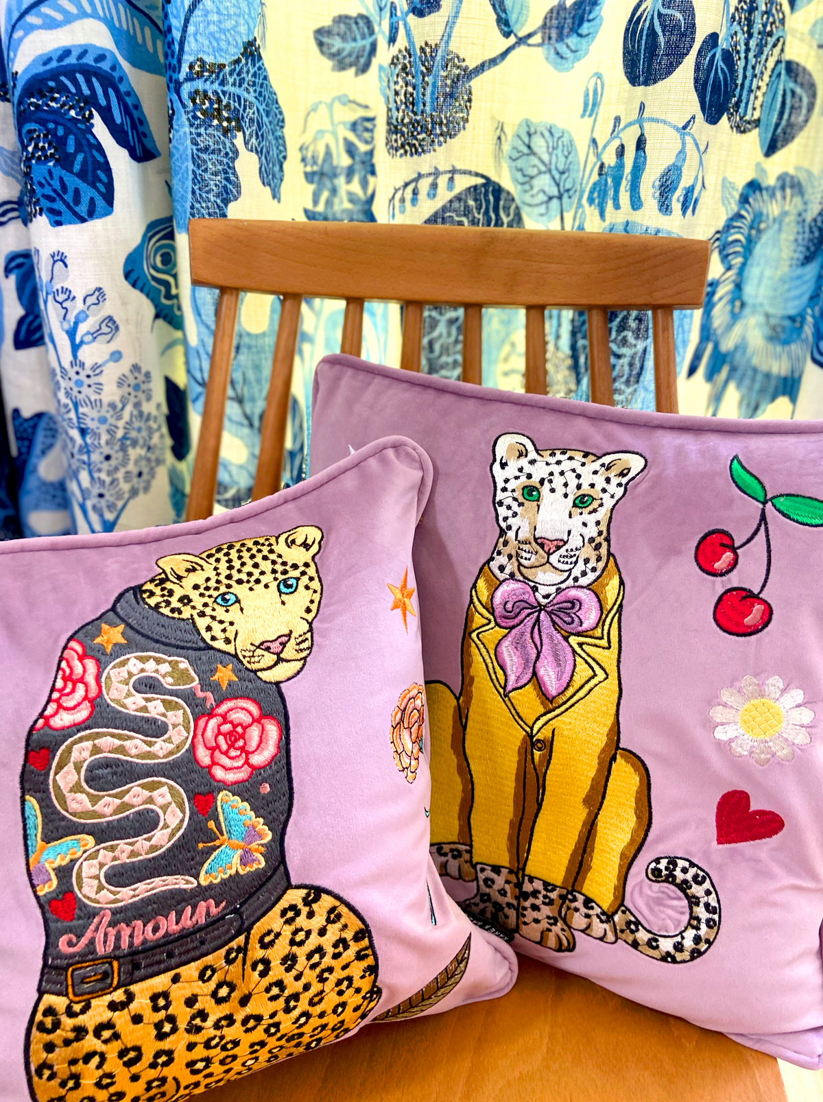 Leopards Can&#39;t Change Their Spots Embroidered Velvet Cushion Cover  |  Leather Jacket &amp; Ladybird