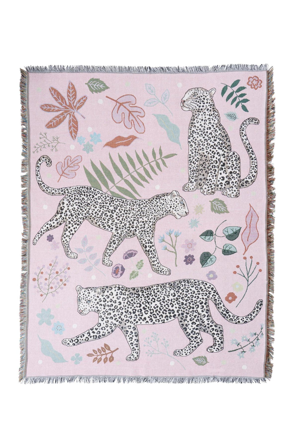 Snow Leopard Blanket by Karen Mabon with three snow leopards pink blankets surrounded by leaves.