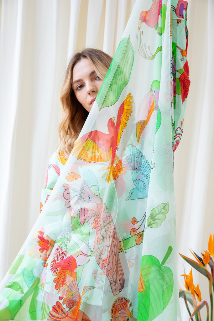 Birds of a Feather Oversized Silk Georgette Scarf | Spearmint