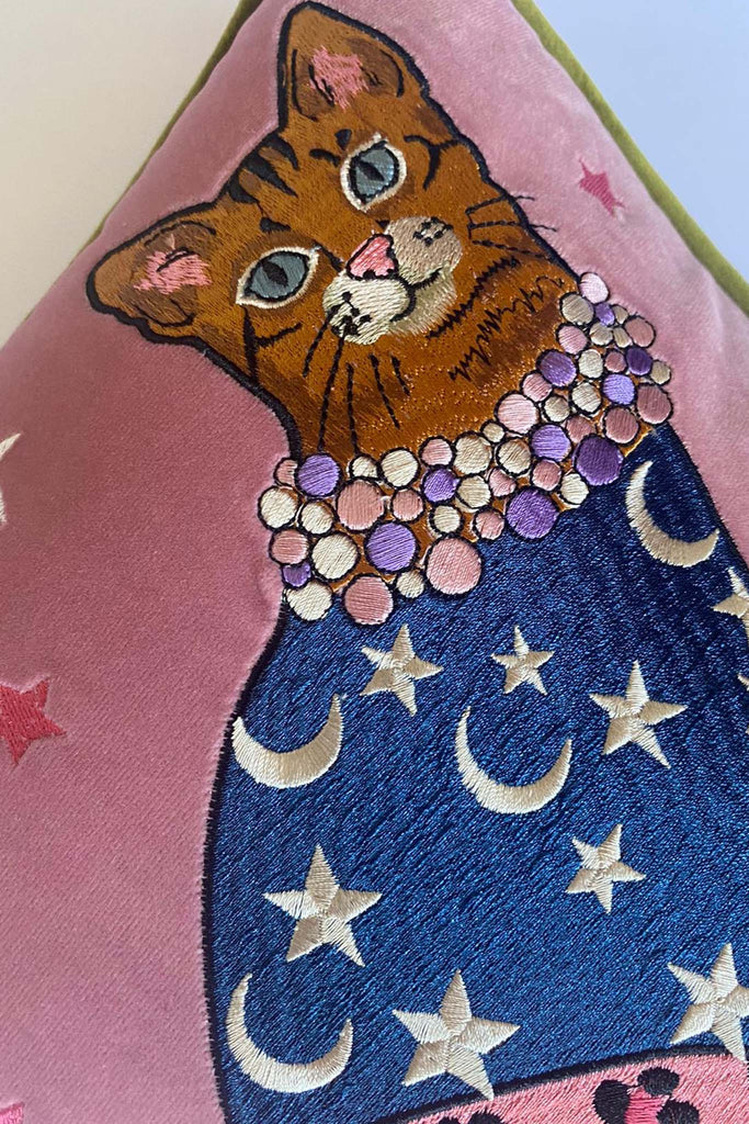 Fashion Cat Embroidered Velvet Cushion Cover  |  Stars & Moons