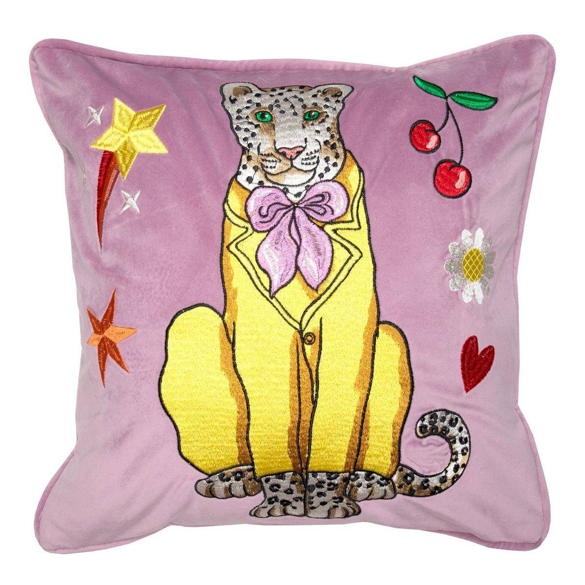 Leopards Can't Change Their Spots Embroidered Velvet Cushion Cover  |  Yellow Suit & Cherries