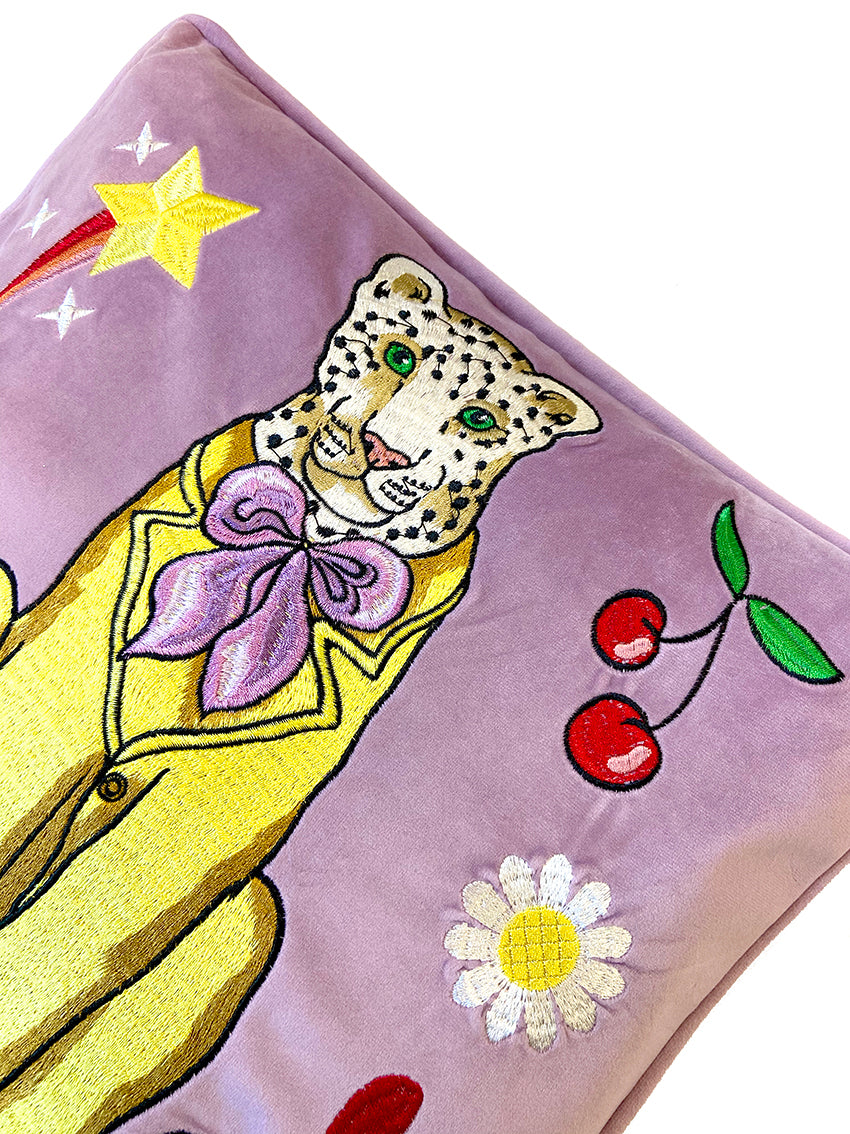 Leopards Can't Change Their Spots Embroidered Velvet Cushion Cover  |  Yellow Suit & Cherries