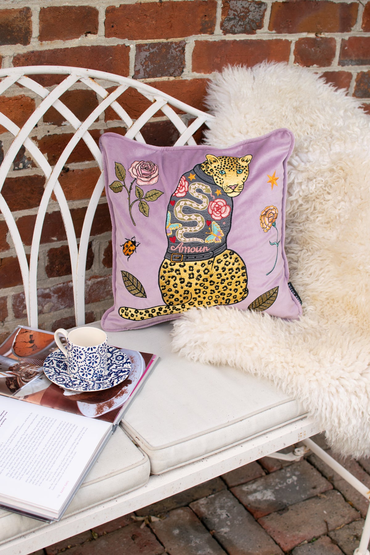Leopards Can&#39;t Change Their Spots Embroidered Velvet Cushion Cover  |  Leather Jacket &amp; Ladybird