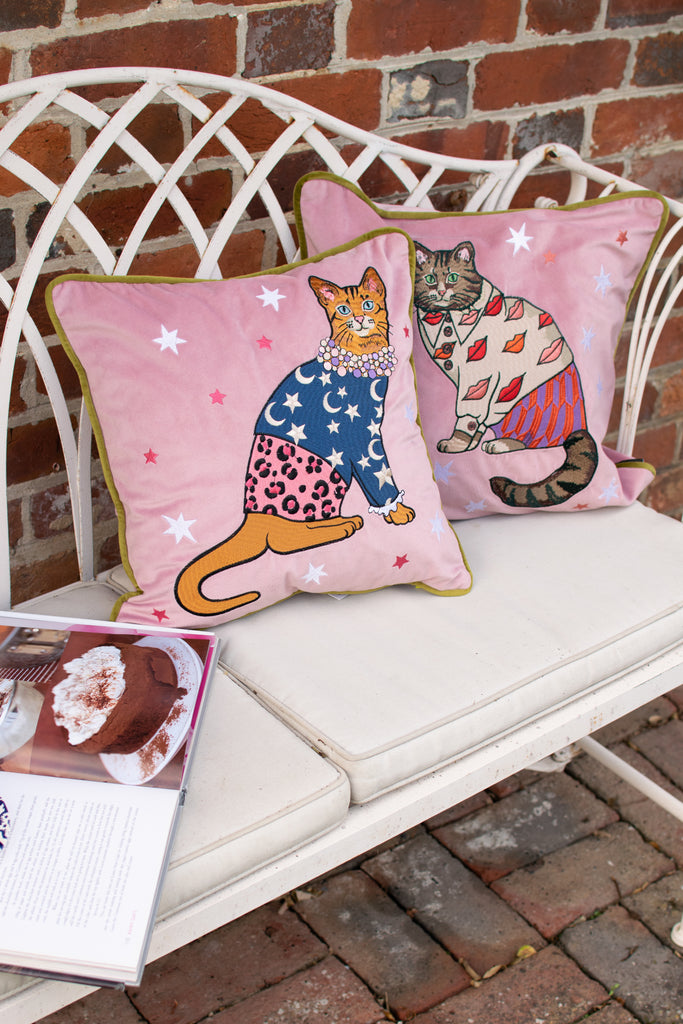 Fashion Cat Embroidered Velvet Cushion Cover  |  Stars & Moons