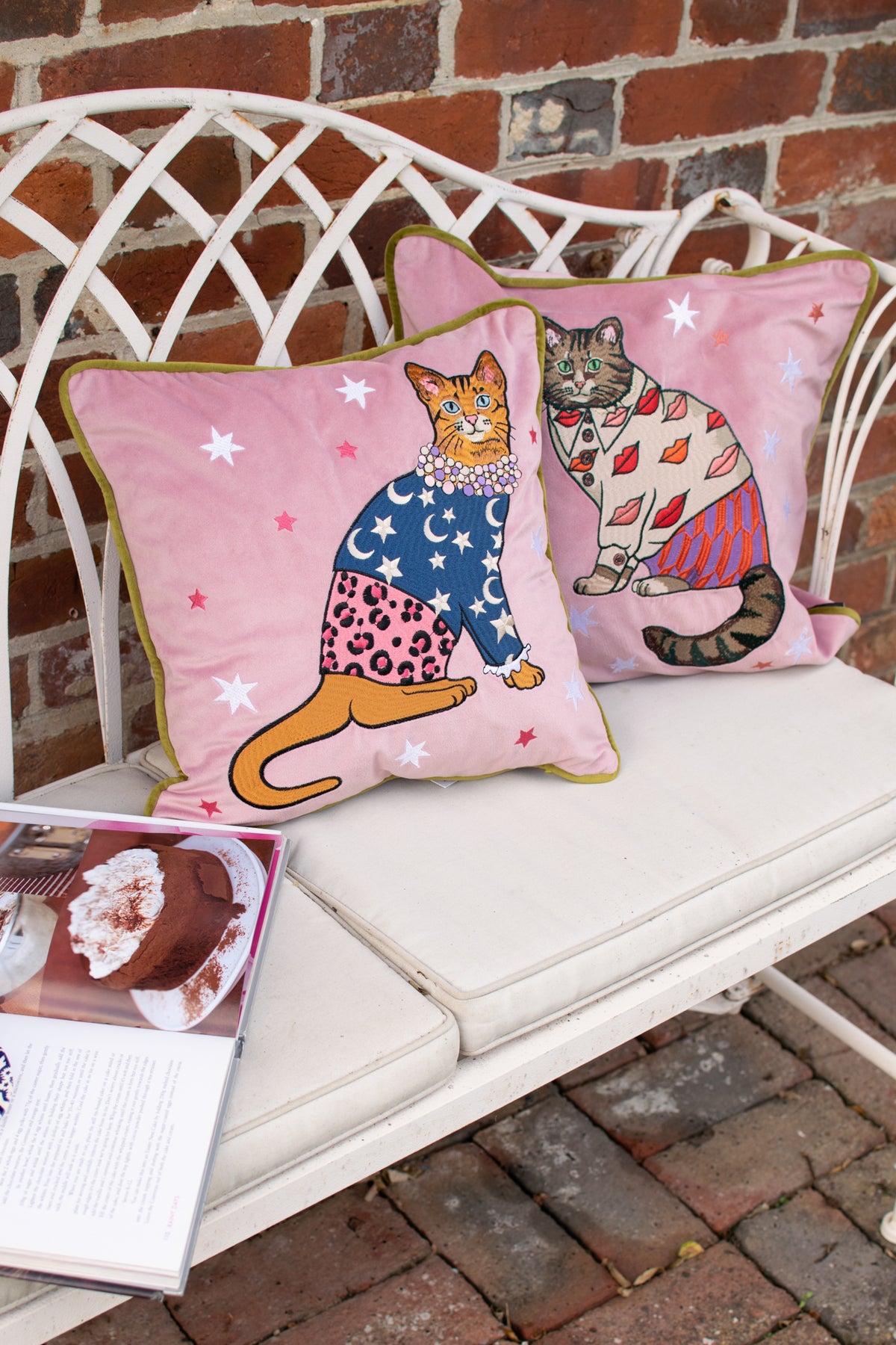 Fashion Cat Embroidered Velvet Cushion Cover  |  Stars &amp; Moons