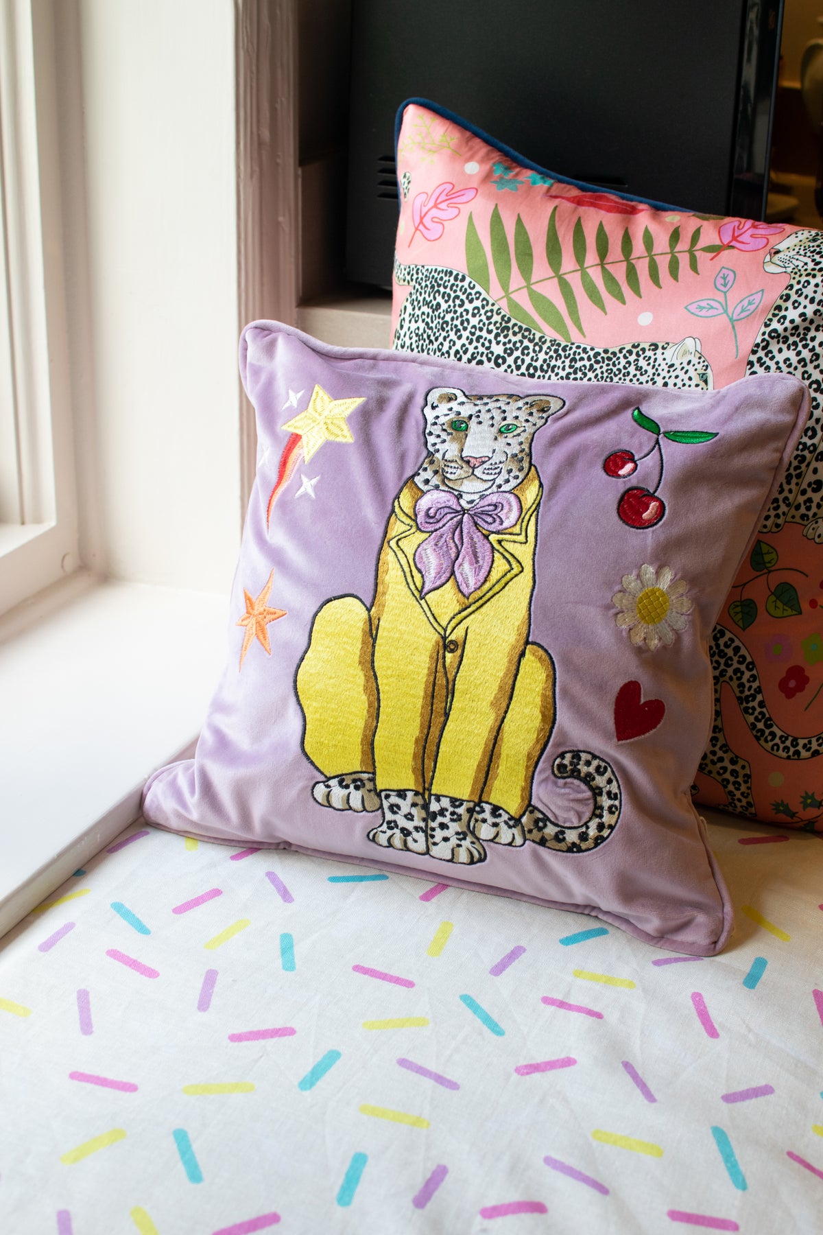 Leopards Can't Change Their Spots Embroidered Velvet Cushion Cover  |  Yellow Suit & Cherries