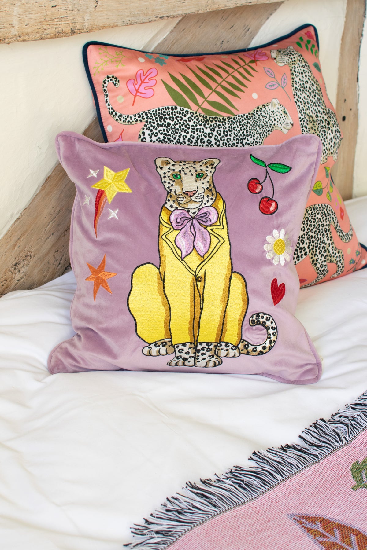 Leopards Can't Change Their Spots Embroidered Velvet Cushion Cover  |  Yellow Suit & Cherries